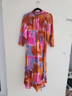 Anthropologie Long-Sleeve Abstract Midi Dress in Pink, Rust & Lavender